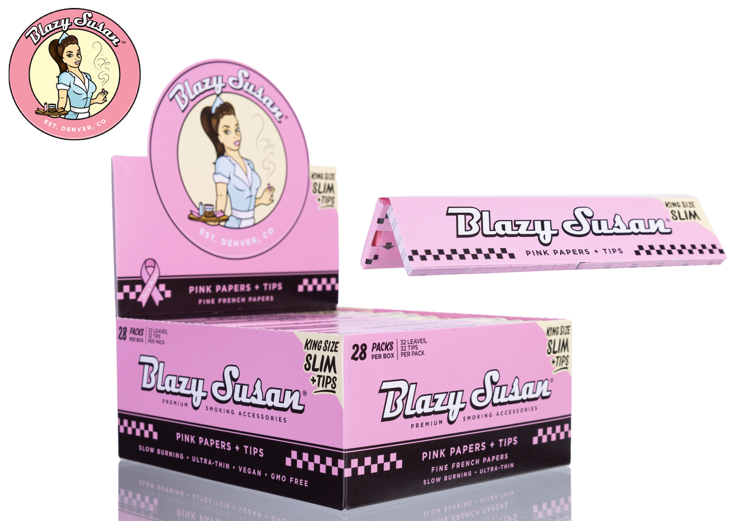 Blazy Susan Pink King Size Slim Rolling Paper + Tips - 28ct