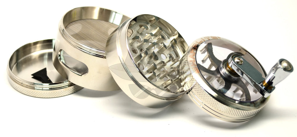 Aluminum grinder with handle, 4 parts, with window. 6 pcs per box