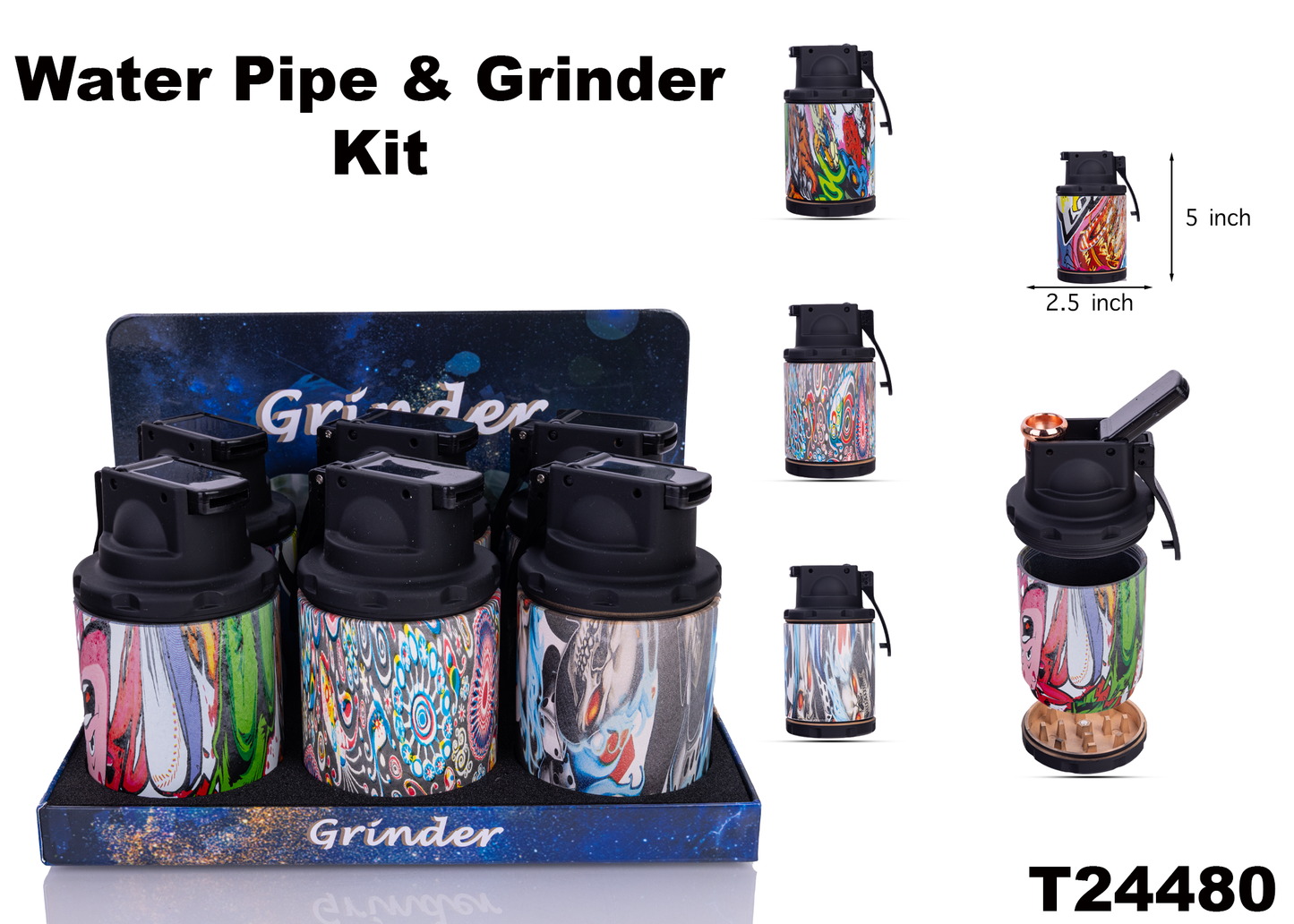 T24480 3 parts Water Pipe & Grinder -6ct