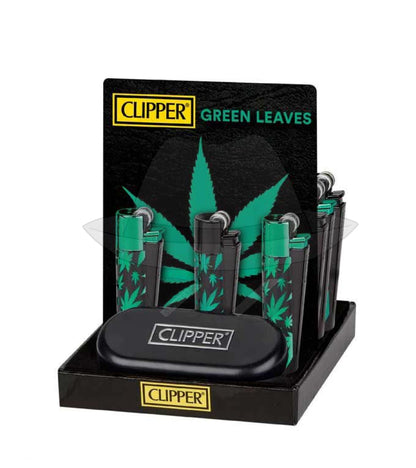 Clipper Metal Lighter With Case-12Ct Green Leaves