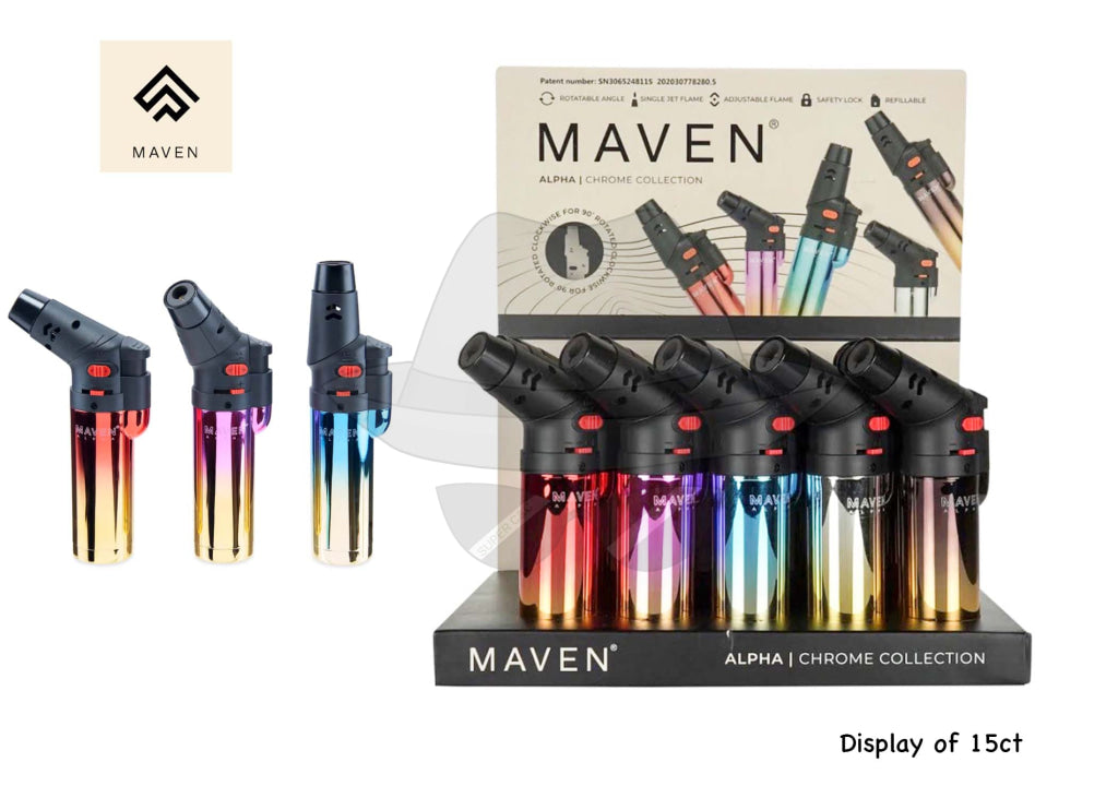 Maven Alpha Chrome Collection Torch Lighter 15Ct